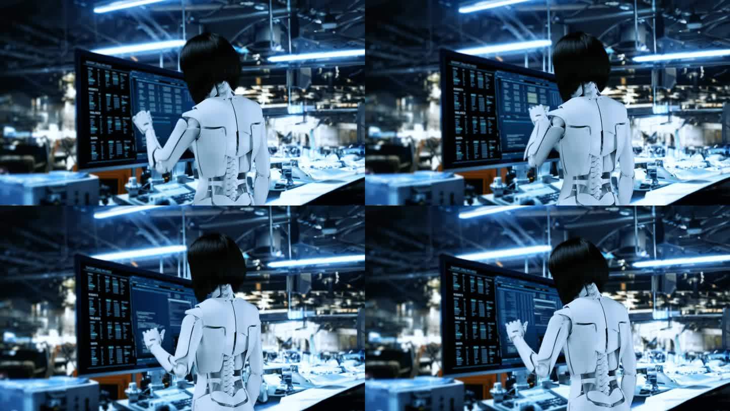 从事任务的操作计算机的半机械人女性