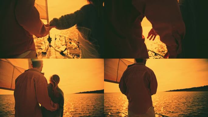 夕阳下，一对年轻夫妇站在帆船甲板上欣赏大海