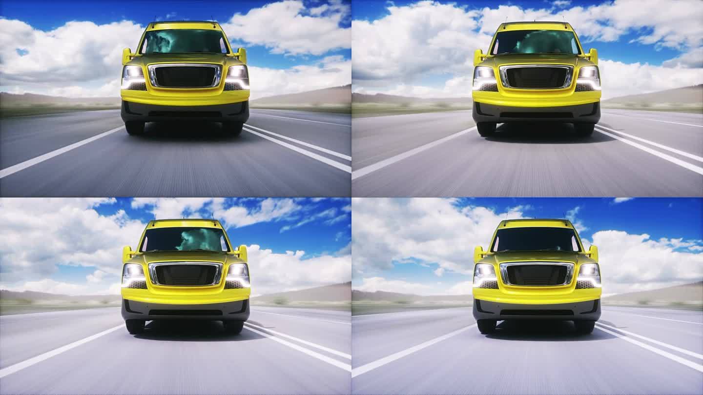 高速公路上的黄色普通货车。开得非常快。
