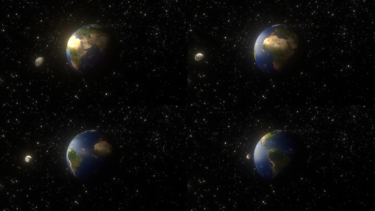 地球在太空中飞行，月球在轨道上。从恒星上方的太空看地球的动态景象。3d数字艺术在4k镜头