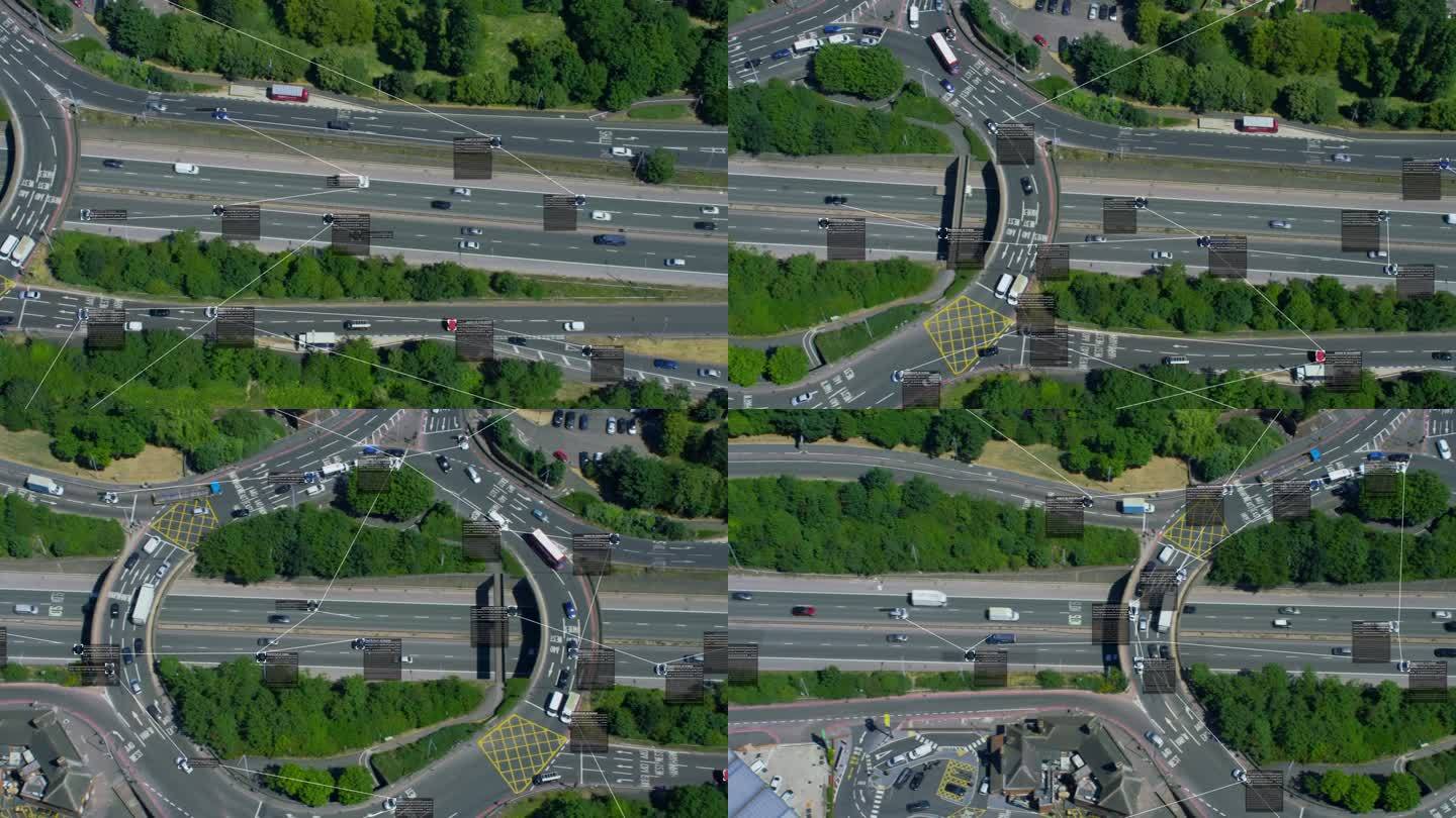 监视系统。主要高速公路上的交通鸟瞰图。连接网络。未来的交通工具。人工智能。计算机视觉。