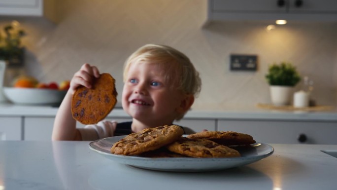 淘气的小男孩从家里厨房的盘子里拿了一块大饼干