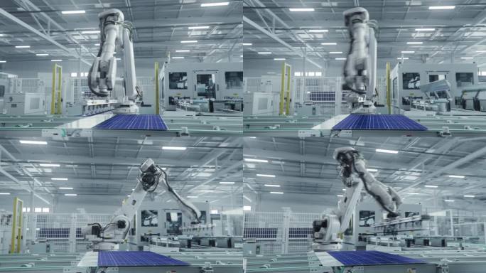 自动化太阳能板生产线。白色工业机器人手臂组装太阳能电池板，放置光伏电池。现代化，明亮的生产设施。