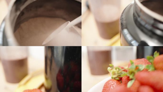 一大罐蛋白巧克力粉，做成奶昔。运动营养搭配水果。特写镜头。