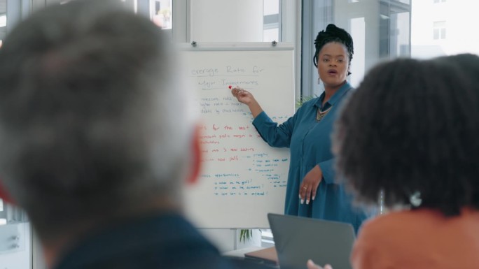 商务会议，演示和女性，经理或非洲演讲者在观众培训的白板上。在研讨会上指导，项目提案或公司演讲或客户关