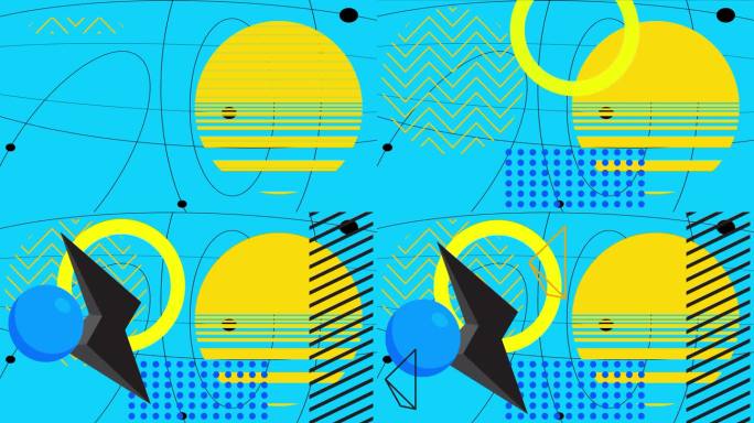 繁忙的黑色，蓝色和黄色几何背景视频模板。