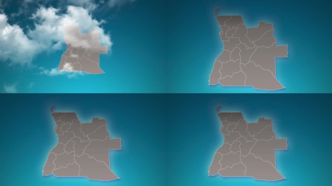 安哥拉国家地图缩放在现实的云飞过。安哥拉地图上的镜头放大天空效果。背景适合公司介绍，旅游，演讲。