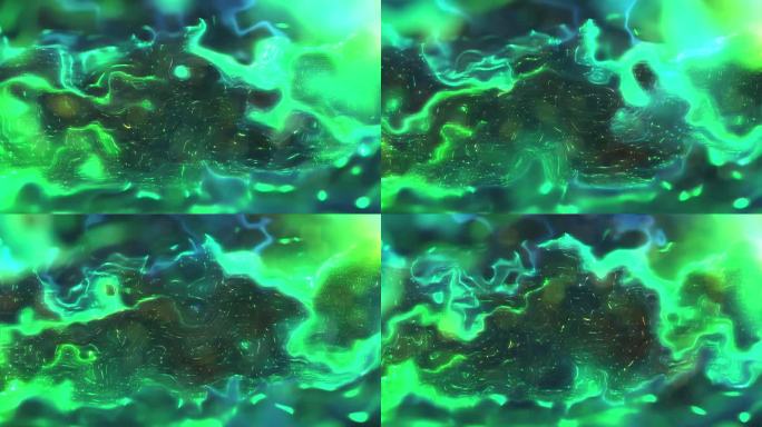 抽象的慢动作绿色流体墨水运动背景，充满活力的彩色油漆漩涡和波浪流动形式。