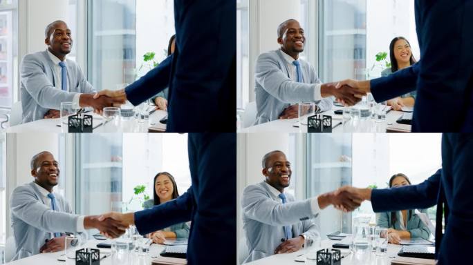 握手，会见客户和商务人士在合作交易，金融协议或感谢。企业成功，非洲人握手和b2b面试，感谢或财务入职