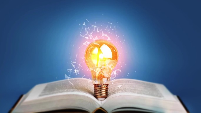 打开书本，点亮灯泡。教育，学习，知识观念。