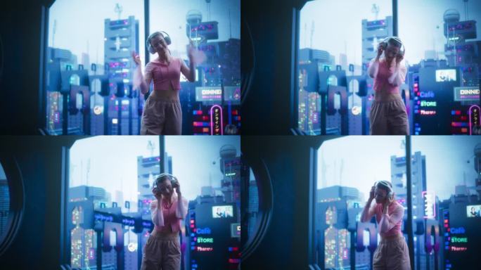 一个时尚的女舞者的肖像，穿着粉红色的衣服，听着电子音乐，在霓虹灯的未来高科技城市的窗前跳舞。科幻未来