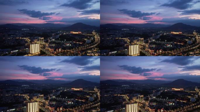 福建漳州城市夕阳晚霞夜幕降临夜景灯光航拍