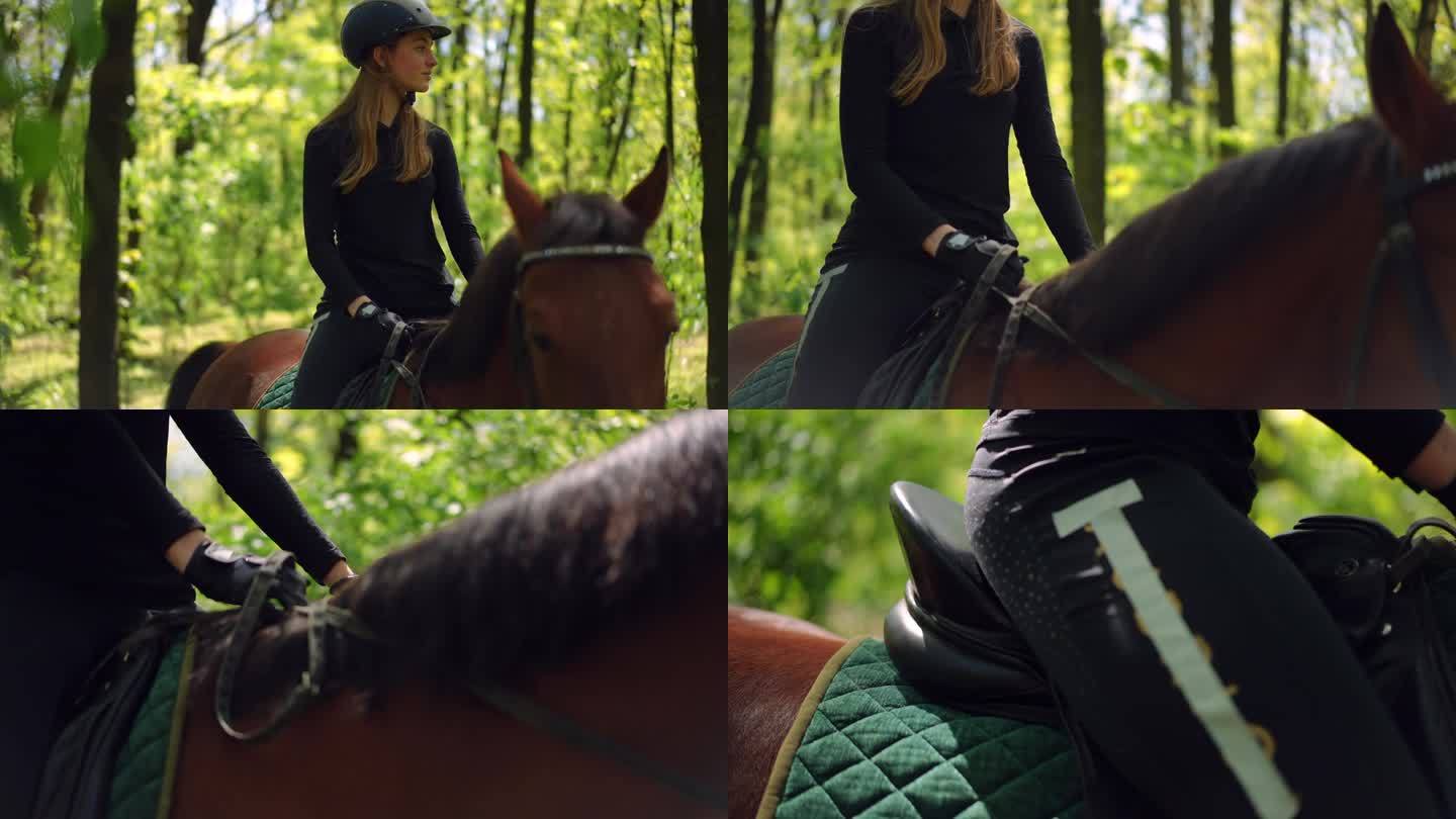 年轻女子坐在马背上的肖像，动物在户外散步，经过相机离开。棕色纯种种马与自信的高加索骑手漫步在阳光明媚
