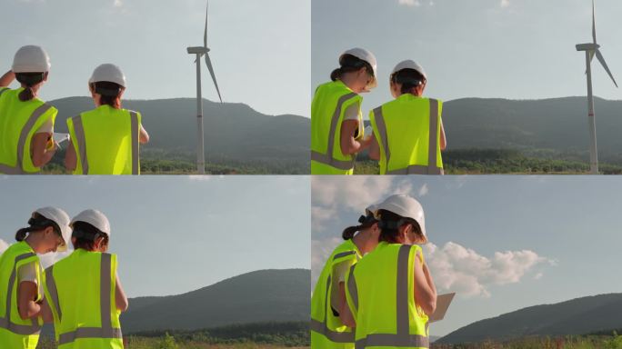 作为能源研究人员，两位女工程师分析和比较了清洁风力发电场的数据，对风力发电场充满信心。戴着防护头盔和