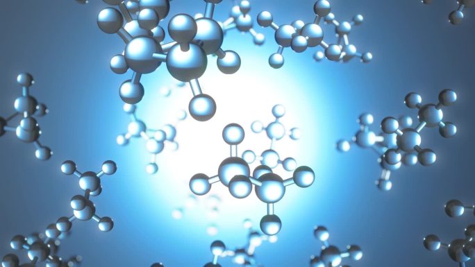 旋转分子化合物的三维渲染蓝色化学背景