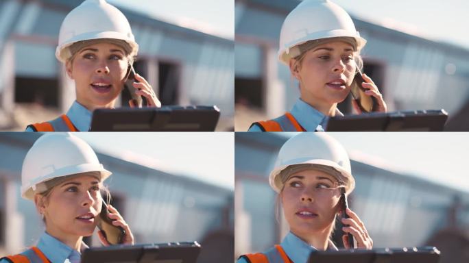 平板电脑，电话和工程妇女在建筑工地的数字蓝图，建设或项目管理。B2b承包商，通讯和架构更新，以及手机