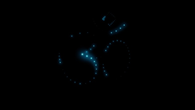 OM符号，孤立在黑色背景上，从众多发光的蓝色霓虹灯点中平滑地隐约可见。4k循环视频动画60 fps。