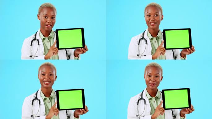 医生的脸，平板电脑和绿色屏幕隔离在工作室背景远程医疗，保险或医疗演示。医疗保健专业人士或黑人女性建议