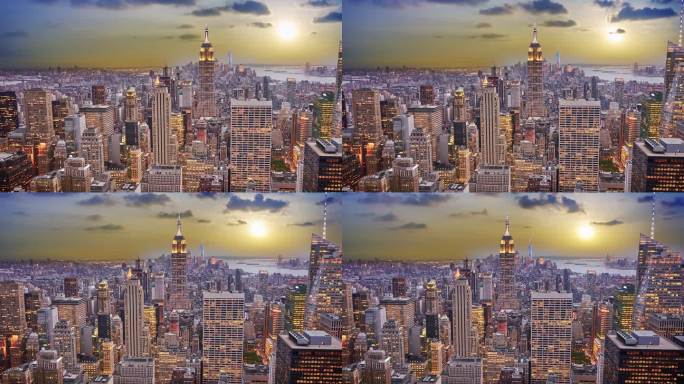 曼哈顿的日落夜空明月繁华大都市夜景灯光