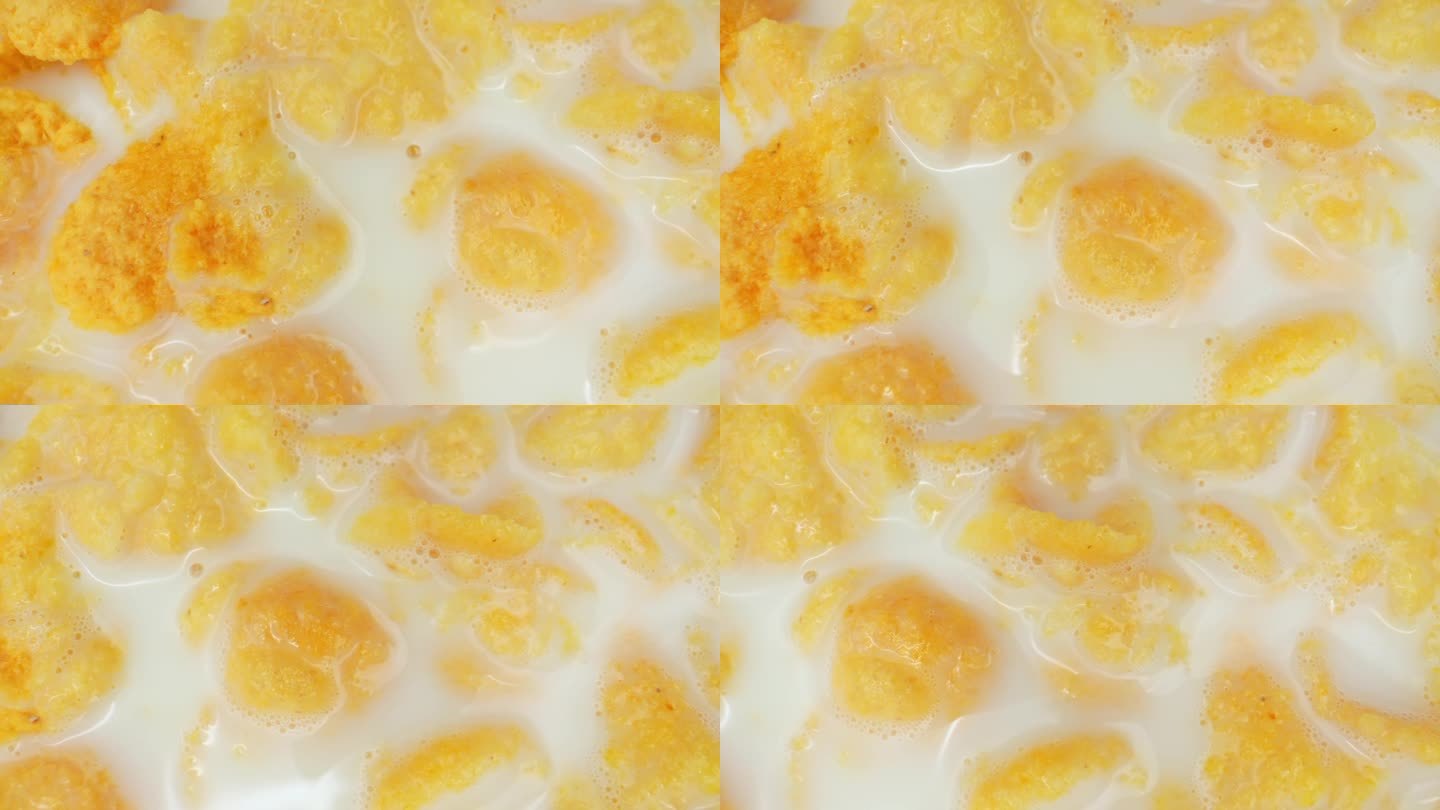 牛奶混合的可口玉米片的俯视图