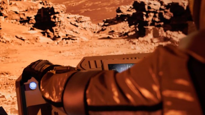 红色星球火星表面探测。宇航员驾驶带有未来控制屏幕的摇晃的火星探测器