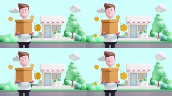 3d动画happy holding bow with money。概念:新业务。