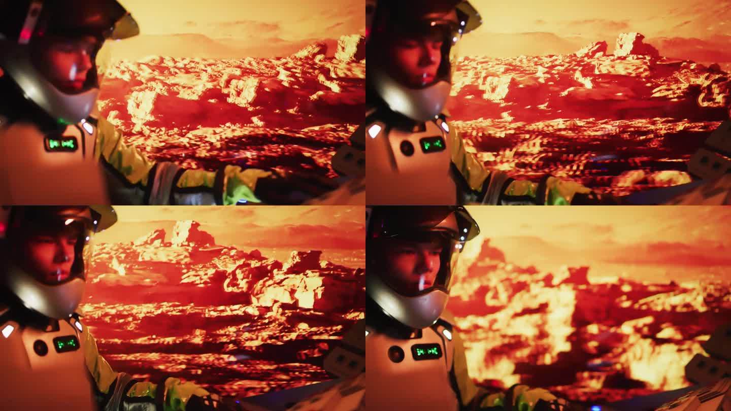 红色星球火星表面探测。宇航员火星车操作员驾驶着摇晃的火星火星车在岩石表面上行驶