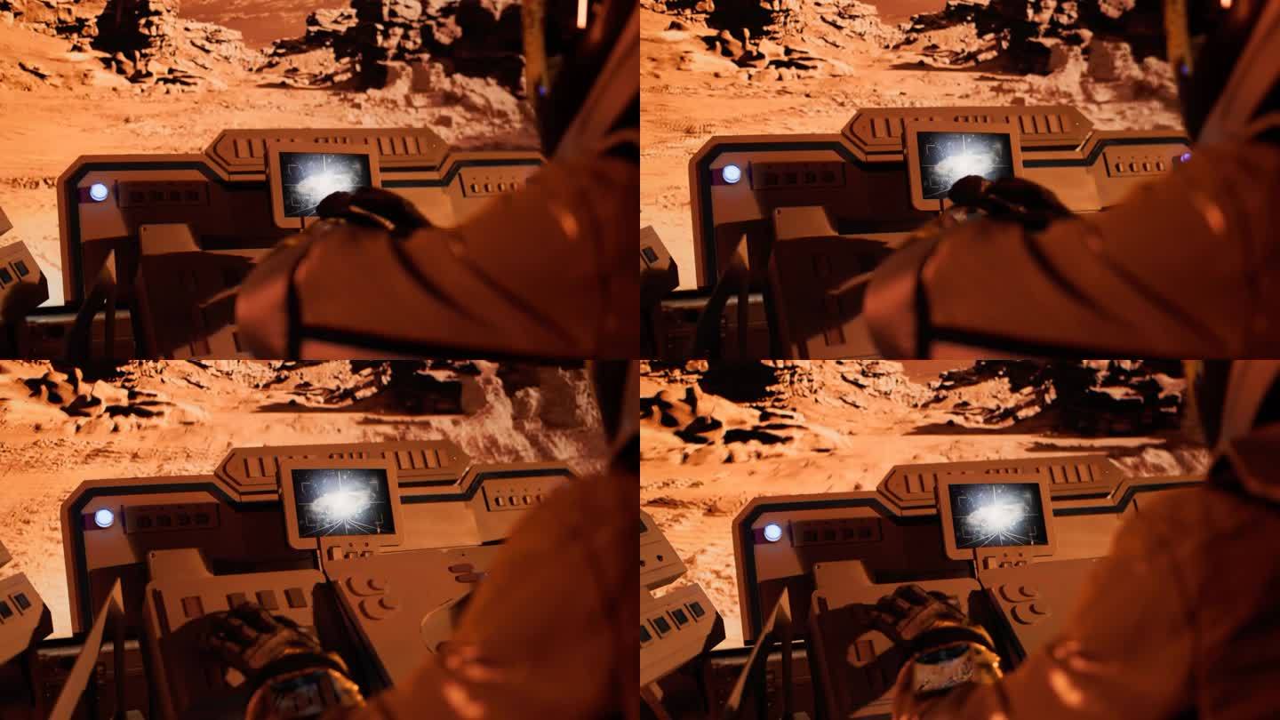 红色星球火星表面探测。宇航员驾驶着带有未来控制屏幕的火星探测器