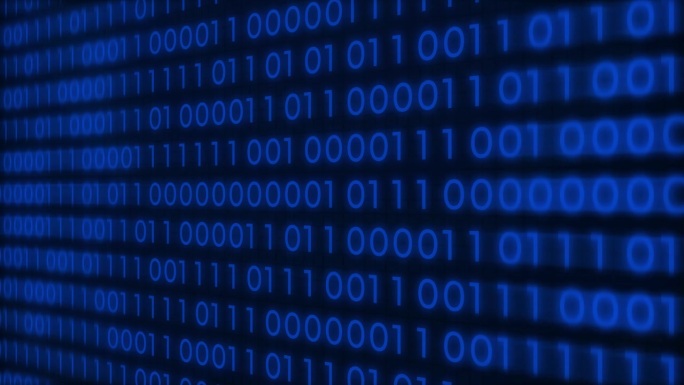 4K蓝色二进制码电脑数字在屏幕上移动，数字串信息流大数据滚动。算法二进制，数据编码，解密和编码，行矩