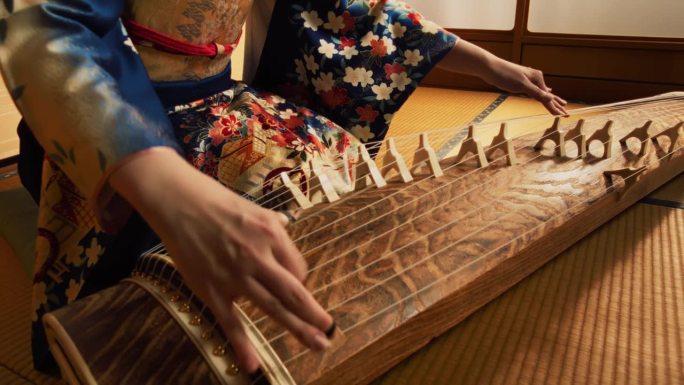 一位匿名女性演奏传统日本弦乐器的特写镜头。专注于一个古筝音乐家的手，在舞台上表演美丽激烈的封建时代音