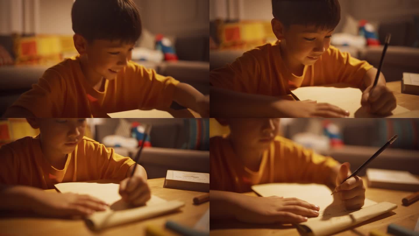 一个可爱的韩国小男孩晚上在客厅的笔记本上思考和写作的跟踪肖像。聪明的孩子给他最好的朋友写信，询问消息