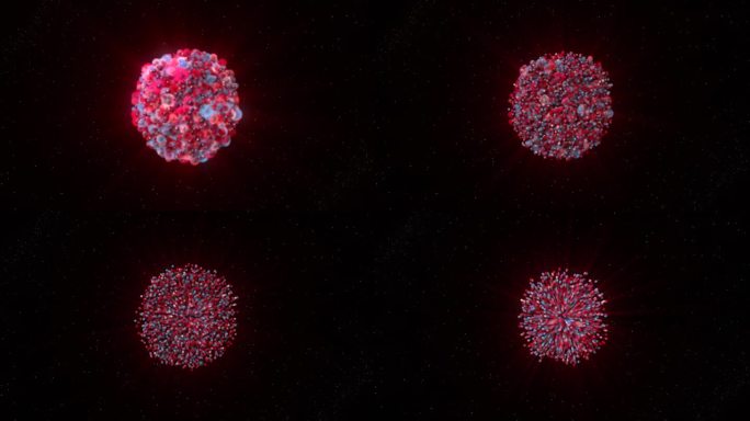 红色可溶解3d球。运动。一个大球在黑色背景上与明亮的小星星一起动画，溶解并消失