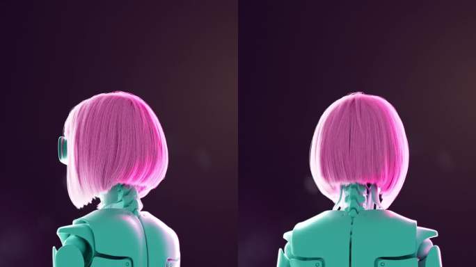 在虚拟现实眼镜里，是一个有着亮粉色头发的半机械人女孩