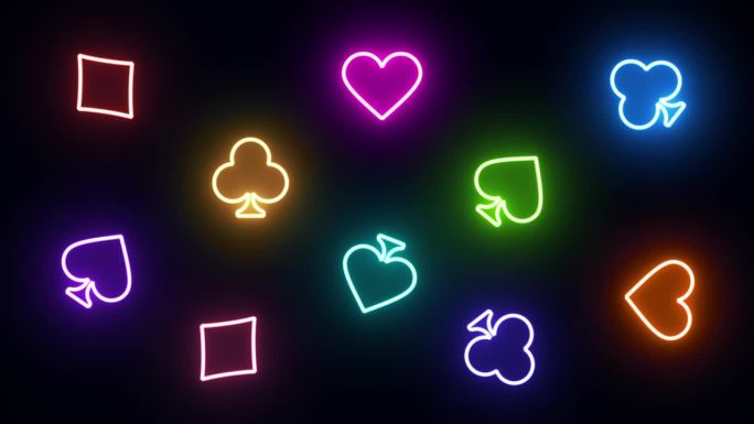 四张牌的霓虹动画适合红心，黑桃，钻石和俱乐部形状