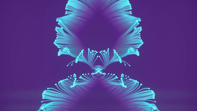 奇妙的对称图案的彩色生长样条在紫色的背景与景深效果。3d渲染数字动画4K