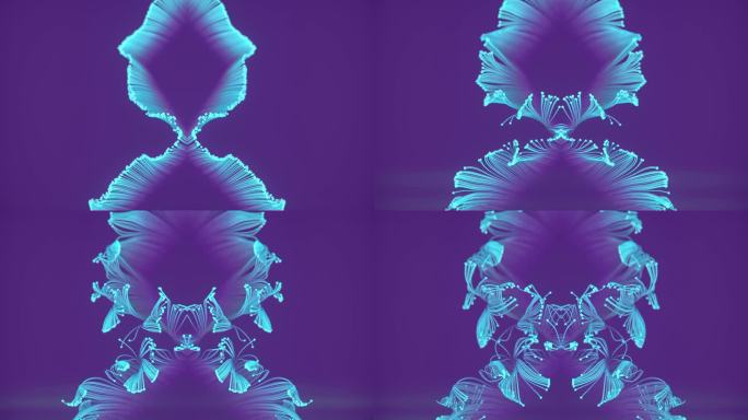 奇妙的对称图案的彩色生长样条在紫色的背景与景深效果。3d渲染数字动画4K