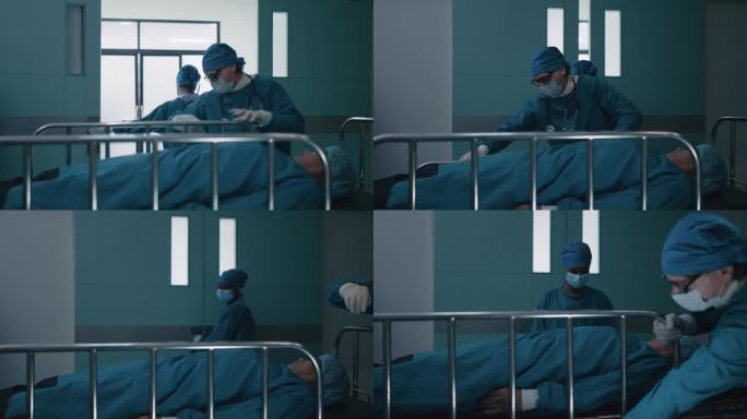 医疗队紧急将病床送往急诊室抢救病人的生命。危重病人躺在手术室的床上等待治疗