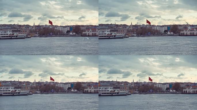 土耳其国旗在伊斯坦布尔的Kadikoy地区飘扬