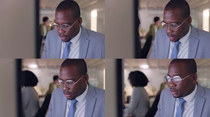电脑，脸，和戴着眼镜的黑人一起在办公室做研究或解决问题。技术方面，指导和规划与非洲男性员工在线阅读信