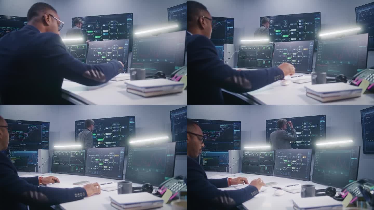 在监控室里，IT技术专家坐在电脑前处理数据服务器