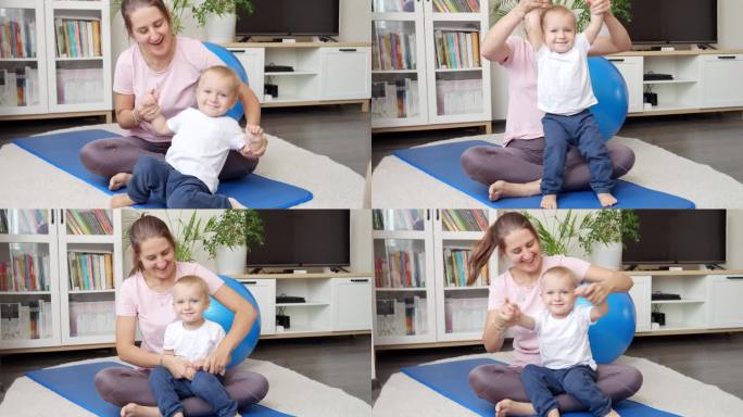 快乐微笑的母亲和她1岁的小男孩在家里的垫子上做体操和健身运动。医疗保健、体育、儿童保育和儿童发展的概