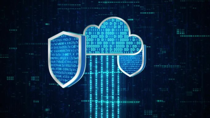 3D 2屏蔽带加密数据绕云系统旋转带蓝色二进制码，数据上传到云系统带保护，隐私安全保护网编码解码在线