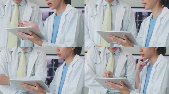 医疗队特写亚洲男、女医生医学检查病人在电脑上的x线图像在医院讨论结果会议。医疗保健。