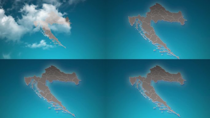 克罗地亚国家地图放大在现实的云飞过。克罗地亚地图上的相机放大天空效果。背景适合公司介绍，旅游，演讲。