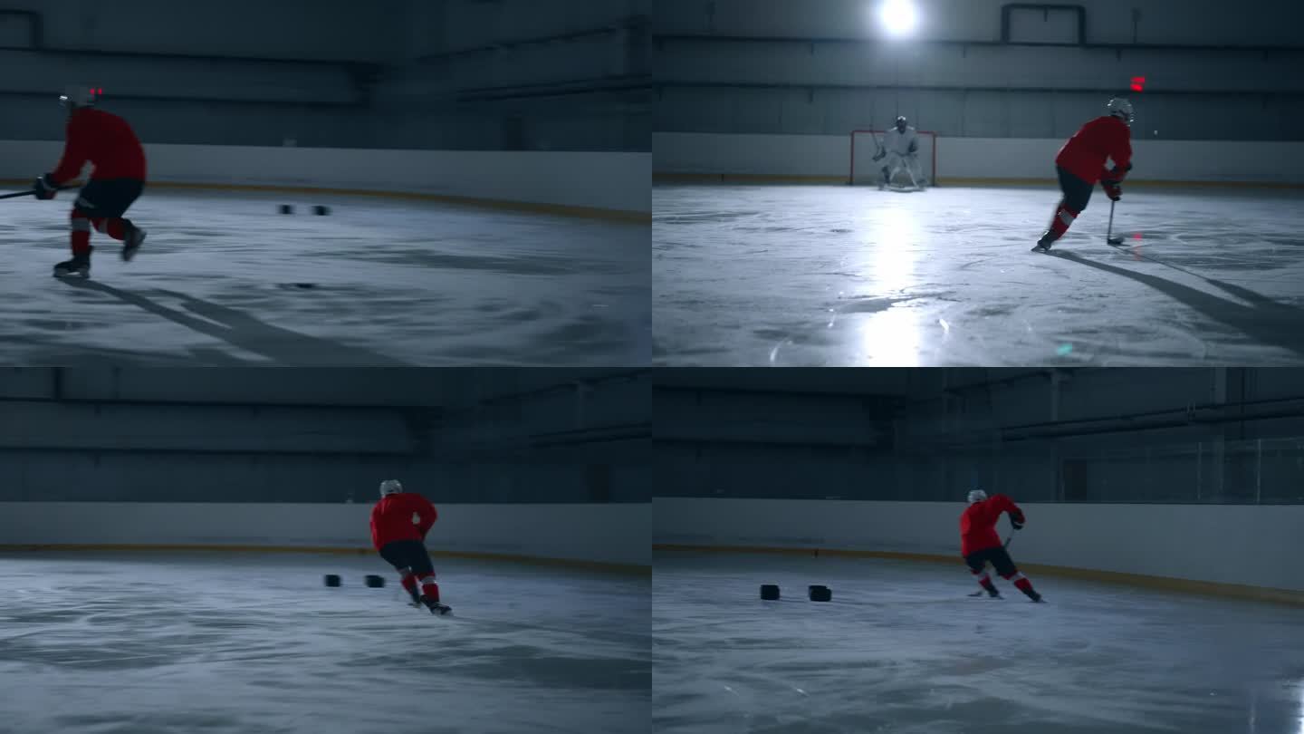 动感十足的镜头，一个冰球运动员穿着红色球衣，在溜冰场上努力训练，轻松得分