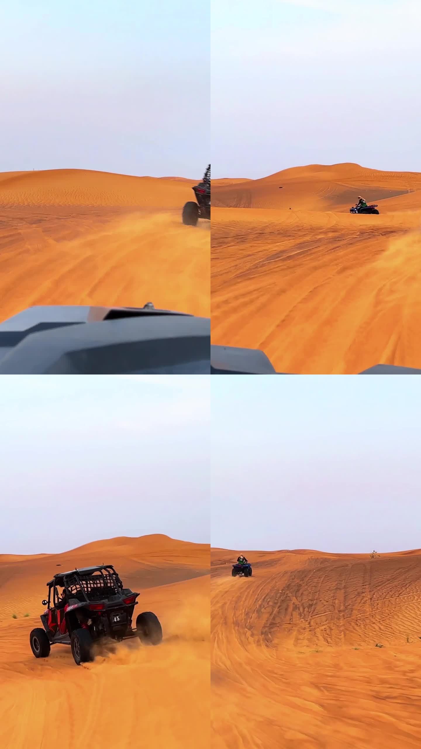 在日落时分在沙漠里骑四轮马车