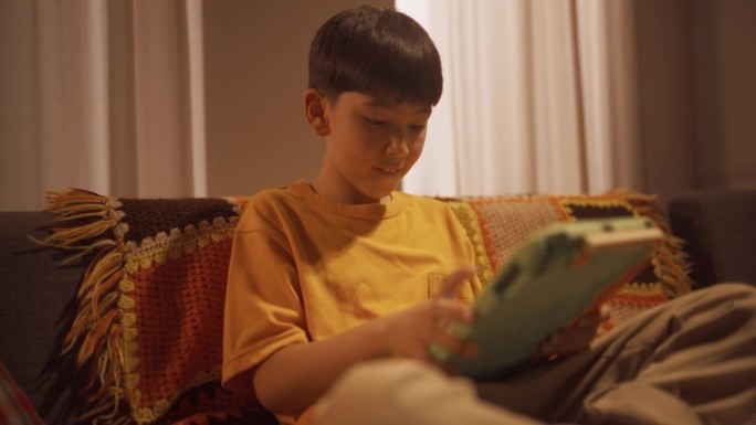 聪明的小男孩在家里的客厅里使用数码平板电脑的肖像。幼儿通过互动媒体学习，利用互联网和技术进行教育