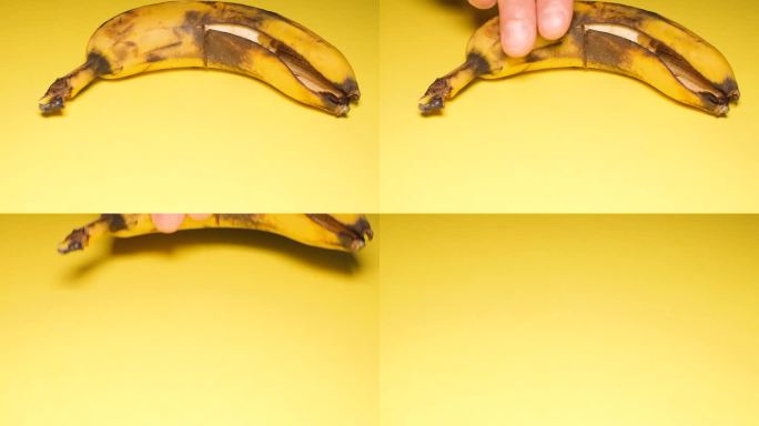 黄色背景上的烂香蕉。被宠坏的水果。