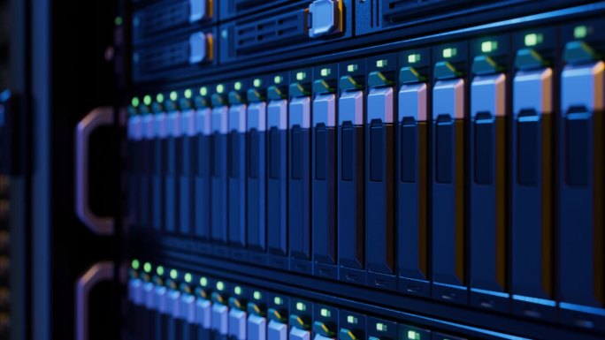 现代数据中心中带闪烁灯的SSD服务器机架特写先进的云计算和机器学习概念。深蓝色环境。