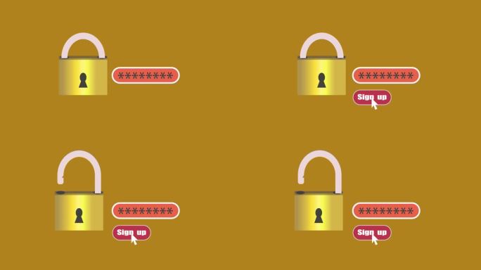 打开一个锁，给出密码，点击“注册”按钮，黄色背景动画。a_125